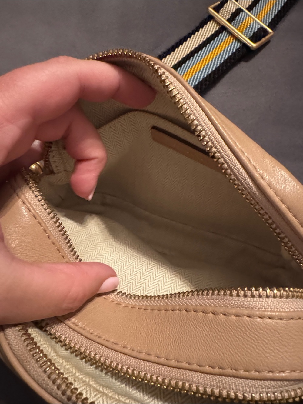 Tory Burch Beige Leather Belt Bag with Striped Strap - Picture 5 of 9